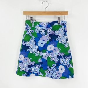 Carven Blue and Green Cady Floral Printed Mini Skirt